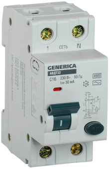  Выключатель автоматический дифференциального тока 2п C 16А 30мА тип AC 6кА АВДТ 32 C16 GENERICA MAD25-5-016-C-30