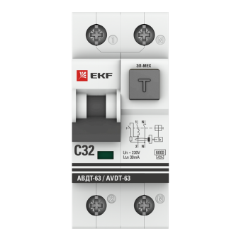  Выключатель автоматический дифференциального тока 2п C 32А 30мА тип A 6кА АВДТ-63 2мод. электромех. PROxima EKF DA63-32-30